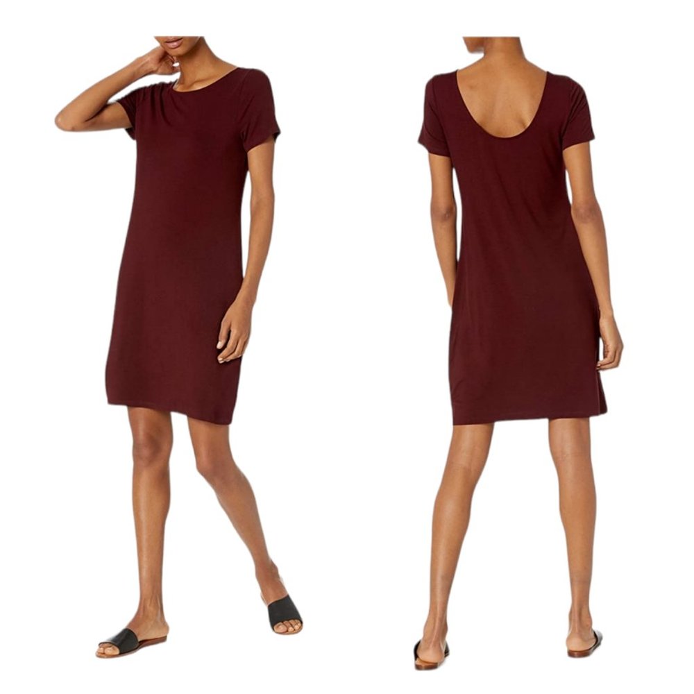 Daily Ritual Womens Shirt Dress XL Short Sleeve Round Neck Knee Length Burgundy